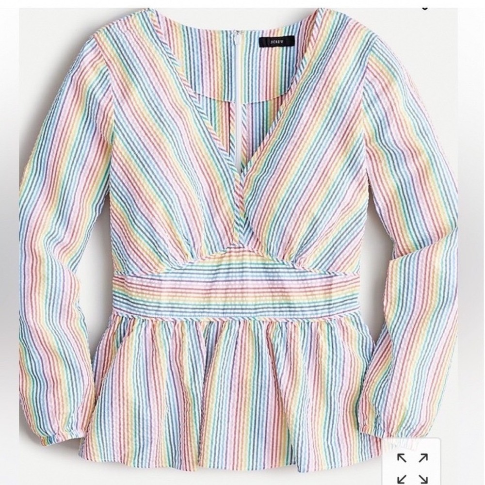 J Crew Rainbow Seersucker V-Neck Peplum Top Striped Cotton 
Blouse 6 Colorful